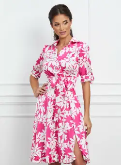 Rochie MBG fucsia cu imprimeuri florale albe si cordon in talie