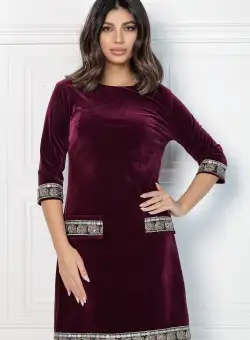 Rochie MBG magenta din catifea cu benzi decorative
