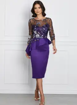 Rochie MBG mov cu broderie la bust si peplum in talie