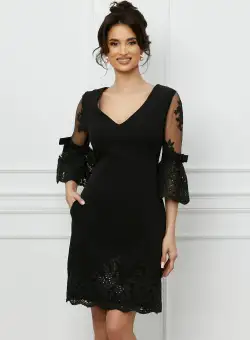 Rochie MBG neagra cu maneci din dantela evazate cu baza clopot