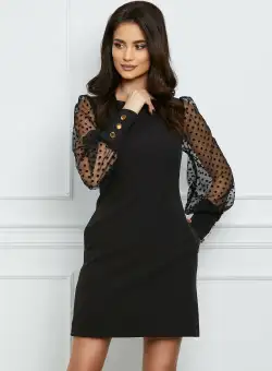 Rochie MBG neagra cu tull si buline catifelate pe maneci