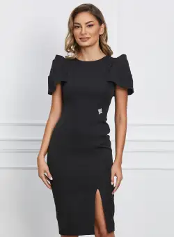 Rochie MBG neagra cu umeri bufanti si aplicatie pe talie
