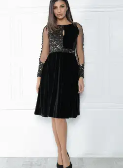 Rochie MBG neagra din catifea cu paiete si maneci din tull