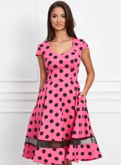 Rochie MBG roz neon cu buline negre si banda semitransparenta la baza