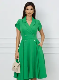 Rochie MBG verde cu nasturi si cordon decorativ in talie
