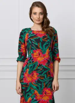 Rochie Mirela neagra cu imprimeuri florale rosii