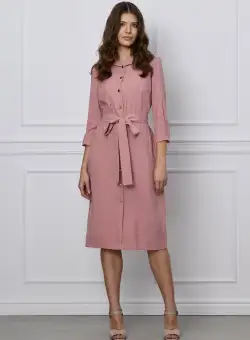Rochie Mirena roz tip camasa cu cordon in talie
