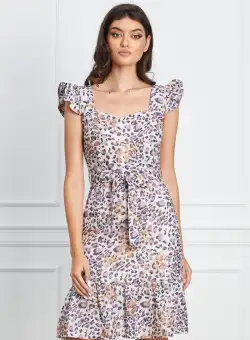 Rochie Moze alba cu imprimeu mov si cordon in talie