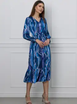 Rochie Moze albastra cu imprimeuri si nasturi decorativi pe bust