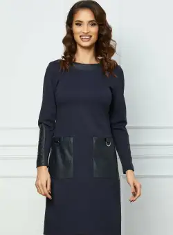 Rochie Moze bleumarin cu insertii din piele ecologica