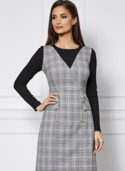 Rochie Moze gri cu carouri lila tip sarafan