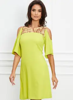 Rochie Moze lime cu paiete la bust si umeri goi