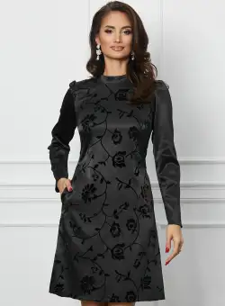 Rochie Moze neagra cu insertii florale din catifea
