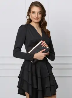 Rochie Moze neagra din satin cu volane pe fusta