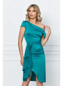 Rochie Moze turcoaz cu un umar gol si volanase pe fusta