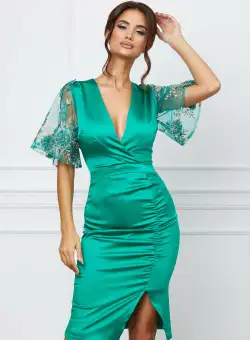 Rochie Moze verde cu maneci brodate