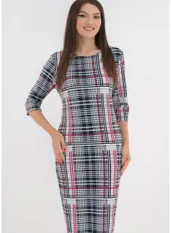 Rochie office cu print in carouri bleumarin si roz