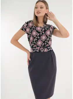 Rochie office mov cu print floral si cordon in talie