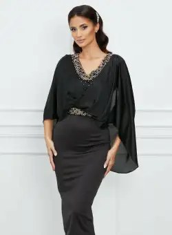 Rochie Ramira neagra cu capa si perle metalice