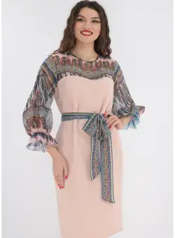 Rochie roz cu maneci din voal cu print abstract