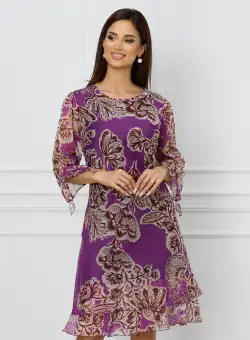 Rochie Sabrina mov cu imprimeu maro si volanas la baza