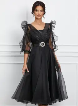 Rochie Samara neagra din organza cu strasuri si curea in talie