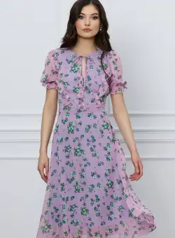 Rochie Tania lila cu flori verzi si volane pe bust