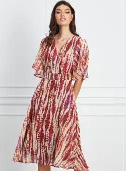 Rochie Teresa bej cu imprimeu rosu