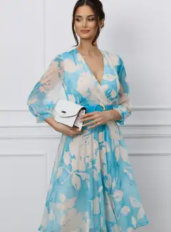 Rochie Vera bleu din voal cu imprimeuri albe si curea in talie