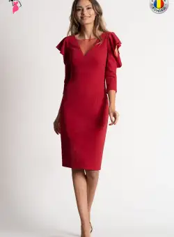 Rochie Xara de ocazie rosie cu fir metalic in tesatura de lungime midi