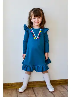 Rochita pentru fetite Dy Fashion albastra cu ciucuri