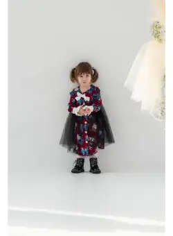 Rochita pentru fetite Dy Fashion magenta cu imprimeu si tull negru