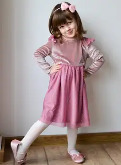 Rochita pentru fetite Dy Fashion roz din catifea si tull cu sclipici
