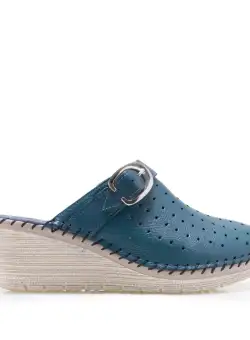 Saboți medicali damă cu platformă din piele naturală, Leofex - 245 Blue Deschis Box