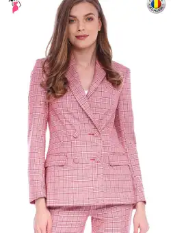 Sacou casual cu imprimeu carouri roz