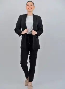 Sacou casual negru cu pliuri la maneci si revere tip sal
