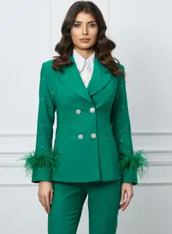 Sacou LaDonna verde cu strasuri si pene aplicate manual