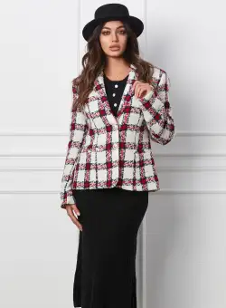 Sacou Lorena alb cu carouri bleumarin si rosii