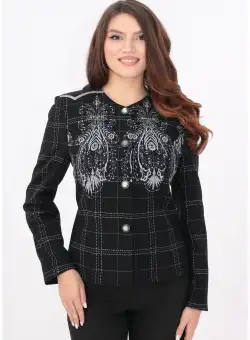 Sacou negru cu carouri si broderie