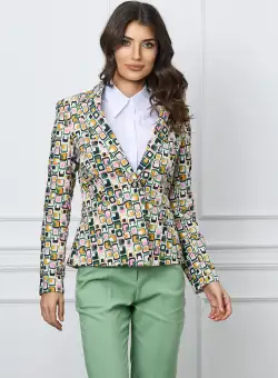 Sacou Ofelia bej verde cu imrpimeu geometric roz si kaki