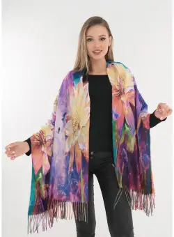 Sal fin din casmir cu imprimeu floral multicolor si doua fete
