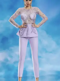 Salopeta de ocazie lila cu spatele gol si pantaloni conici