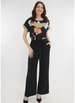 Salopeta lejera neagra cu print abstract alb-corai