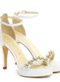 Sandale Adelina cu toc subtire, piele naturala, albe cu perle argintii, toc mic
