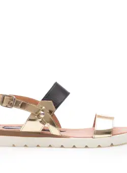 Sandale cu talpa joasa dama din piele naturala, Leofex - 168 Negru Auriu Box