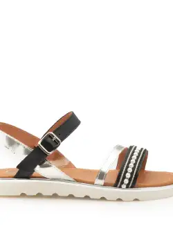 Sandale cu talpă joasă damă, din piele naturală, Leofex- 208 Negru Argintiu Box