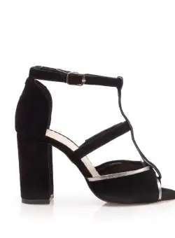 Sandale cu toc elegante dama din piele intoarsa -1061-14 Negru Argintiu