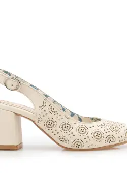 Sandale cu toc perforate damă din piele naturală, Leofex - 252 Bej Box