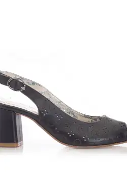 Sandale cu toc perforate damă din piele naturală, Leofex - 252 Negru Box