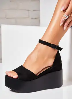 Sandale dama cu platforma Negre din Piele Ecologica Intoarsa Keysi